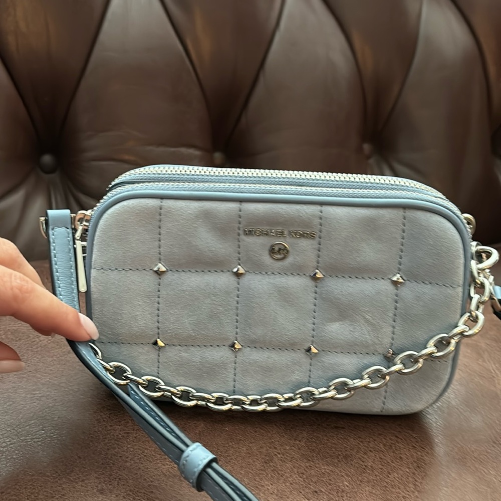 Michael Kors Light Blue Suede double gusset crossbody with removable strap